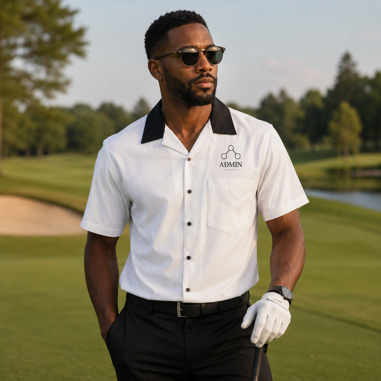 A man wearing a white short-sleeve collared golf shirt with a black collar, black buttons, and a chest pocket with the word ADMIN printed on it. He is also wearing black pants, a white glove, and sunglasses, standing on a golf course with trees and a water feature in the background.