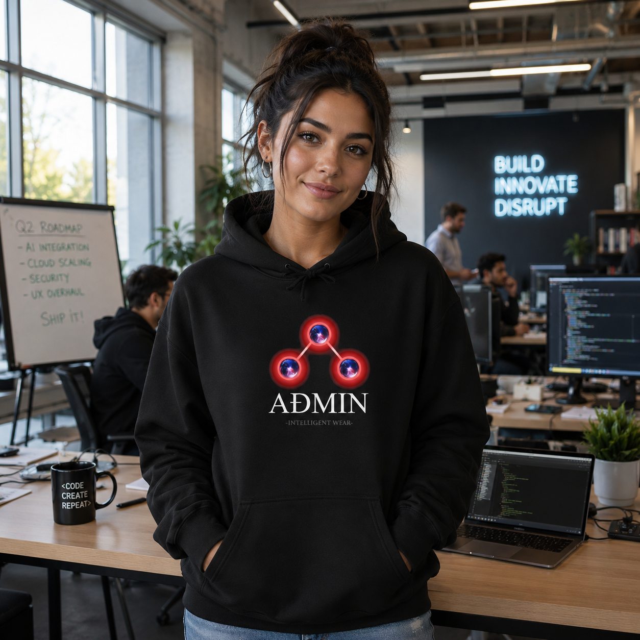 A woman wearing a black pullover hoodie with a red and blue circular logo and the word 'ADMIN' stands in a modern office environment. The hoodie features a graphic of three interlocking circles with red and blue centers, above the text 'ADMIN' and 'INTELLIGENT WEAR'.