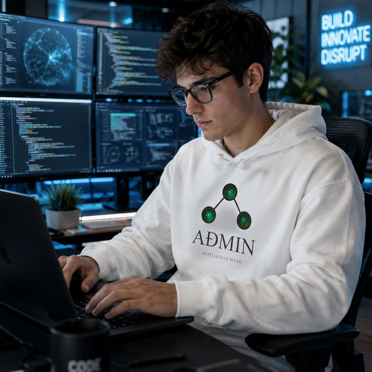A man wearing a white hoodie with a green and black 'ADMIN' logo sits at a desk typing on a laptop in a modern office environment with multiple computer monitors.