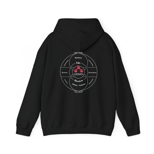 Black hoodie with The Jungian Persona Graphic on the back against a white background