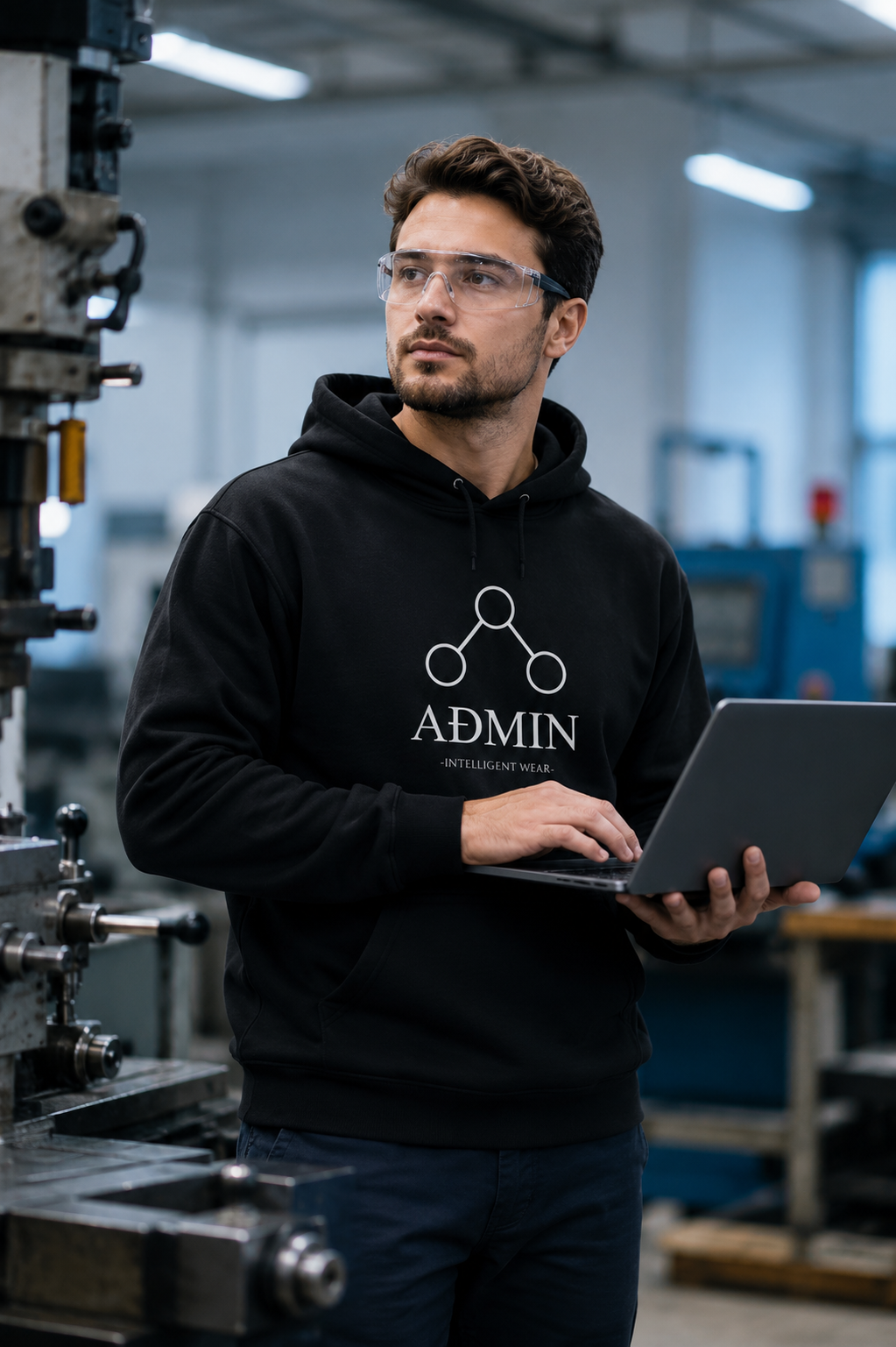 A man wearing a black hoodie with a white 'ADMIN' logo stands in an industrial workshop setting, holding a laptop.