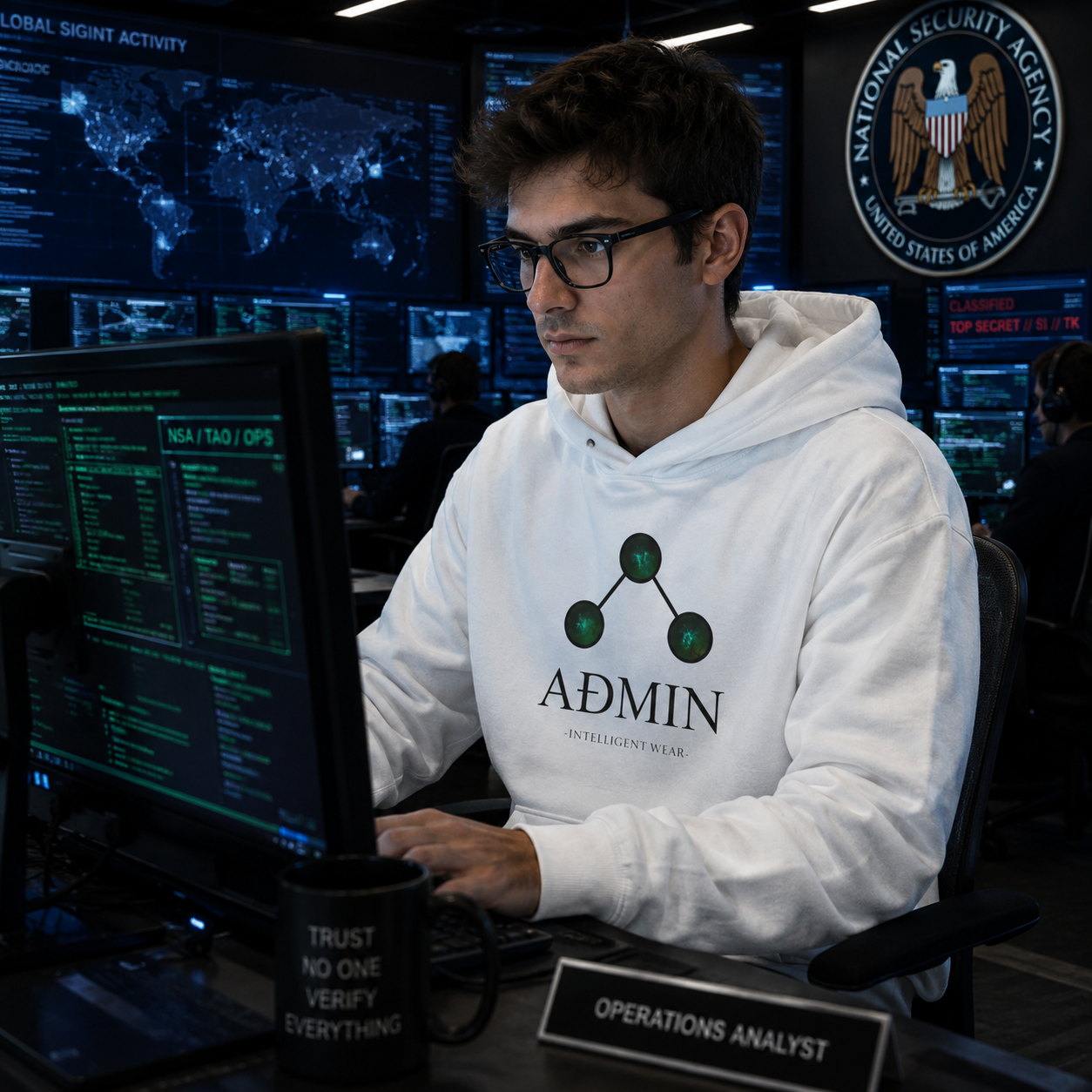 A man wearing a white hoodie with a green and black network logo and the word 'ADMIN' sits at a desk in a dark computer room, typing on a keyboard in front of multiple monitors.