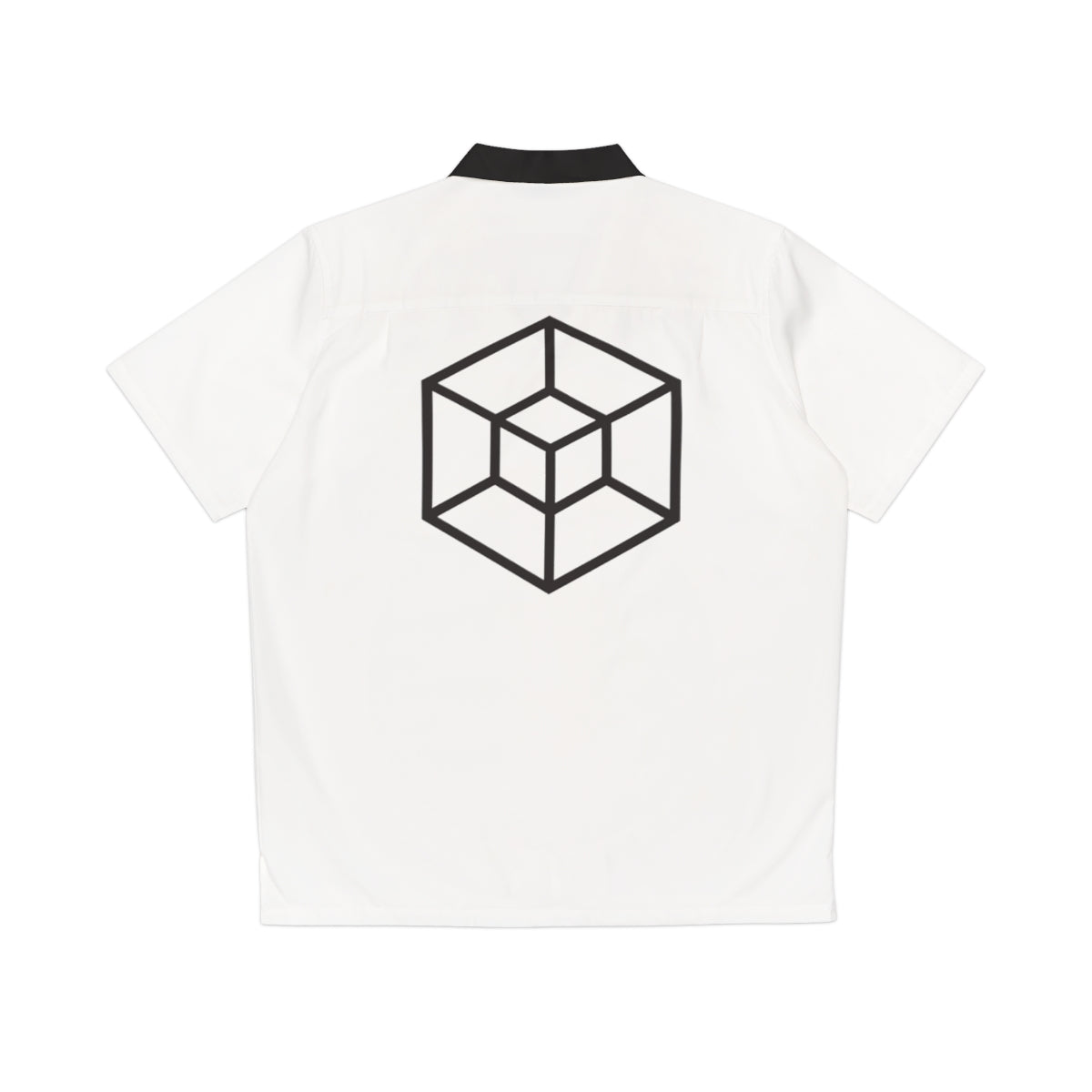 A white short-sleeve polo shirt shown from the back, featuring a black geometric cube line graphic printed in the center and a black collar trim.