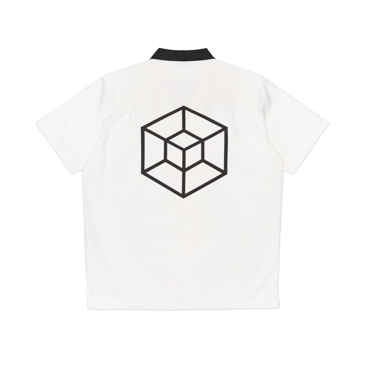 A white short-sleeve polo shirt shown from the back, featuring a black geometric cube line graphic printed in the center and a black collar trim.