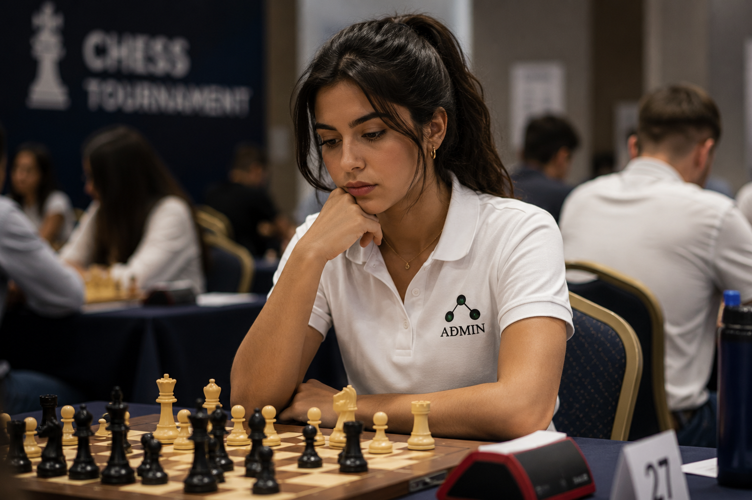 A woman wearing a white polo shirt with a black 'ADMIN' logo sits at a chessboard during a tournament, with other players and a 'CHESS TOURNAMENT' banner blurred in the background.