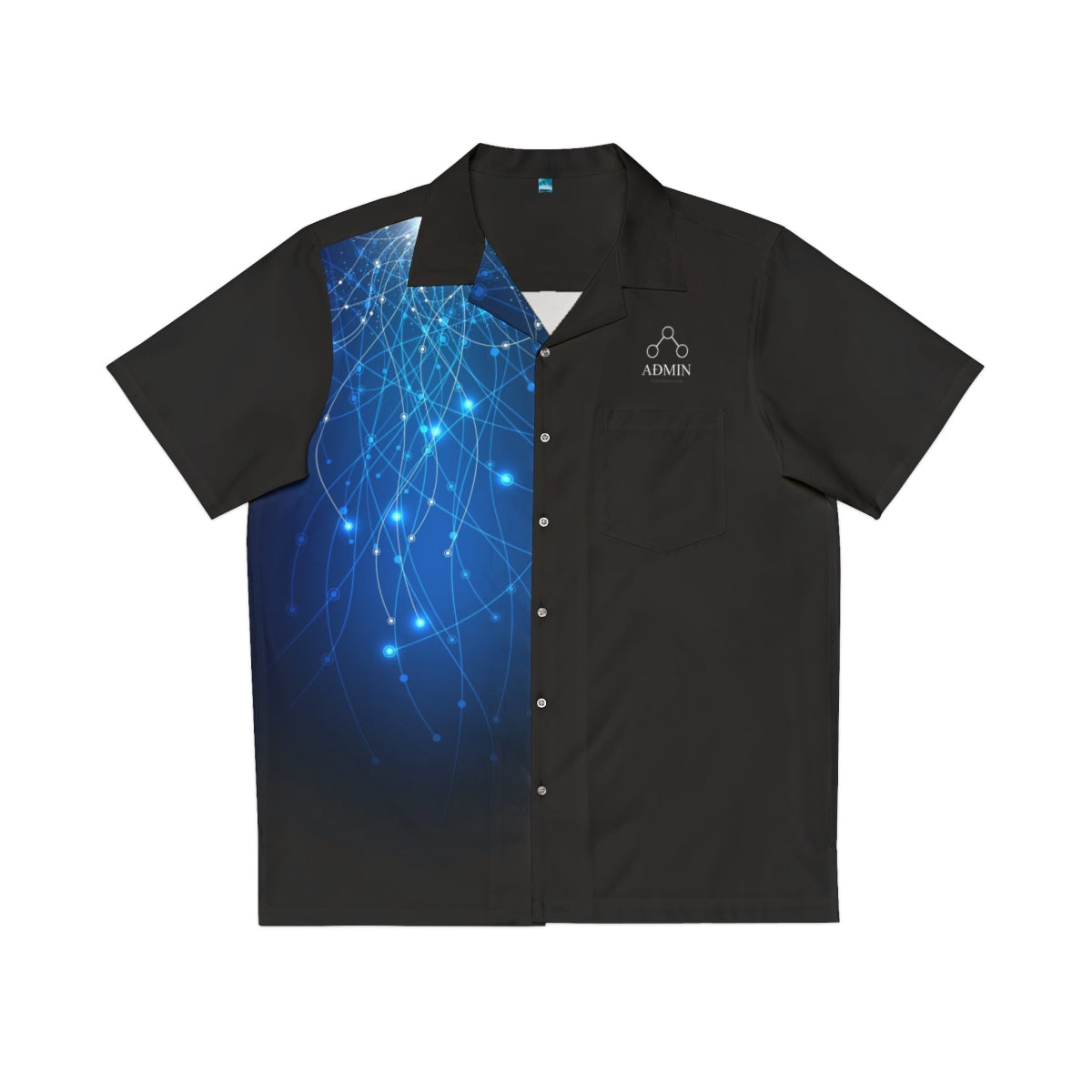A short-sleeve button-up shirt with a black body and a vibrant blue digital network graphic on the left side. The shirt features a white 'ADMIN' logo on the left chest pocket.